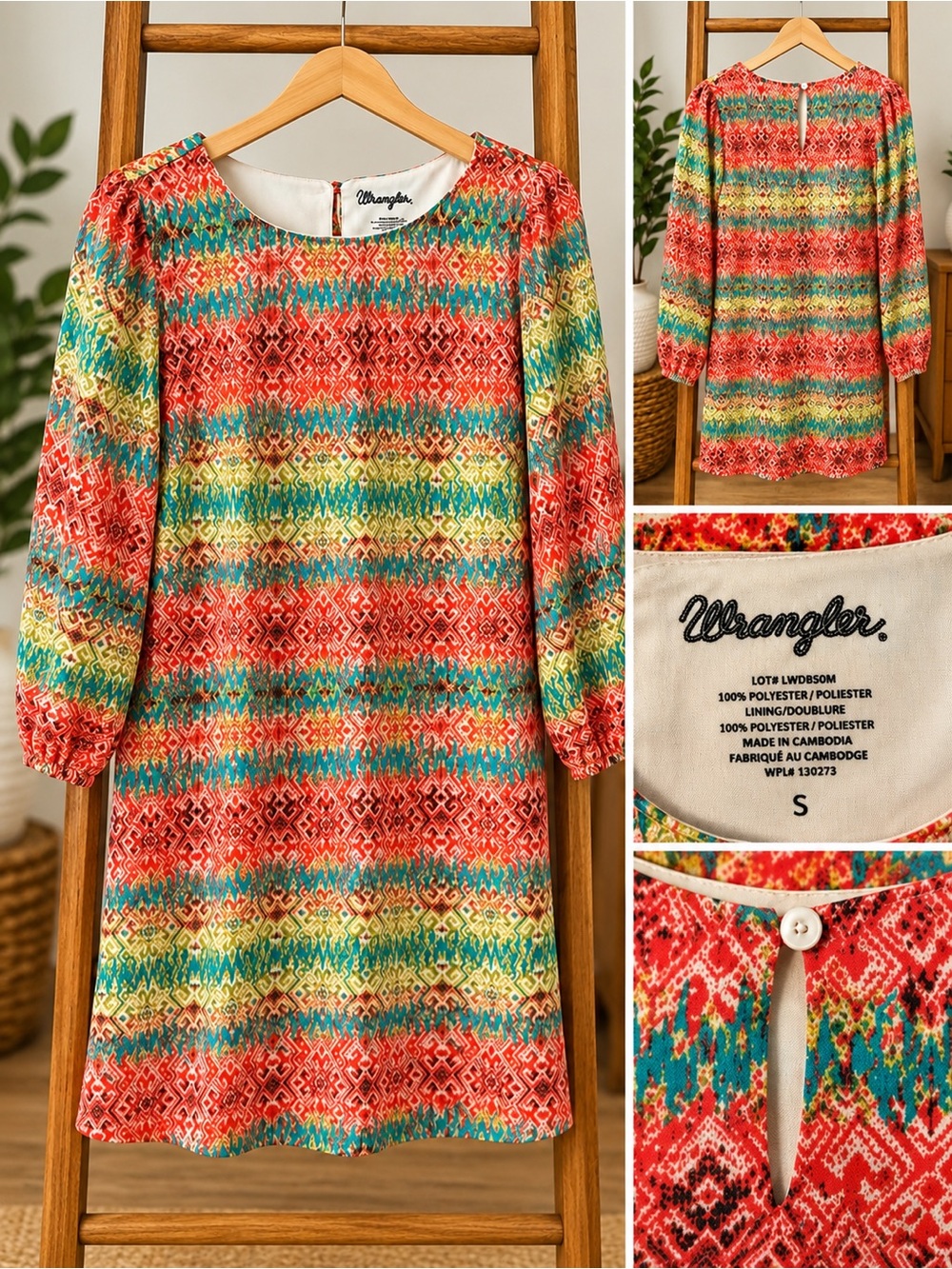 Wrangler Multicolor Ikat-Print Tunic Top - Red, Turquoise, Yellow, Cream Size S